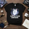 Celestial Feline Companion t-shirt design featuring a white cat with blue eyes surrounded by stars and nebulae