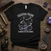Celestial Feline Guardian of the Cosmos t-shirt design with a black cat sitting on a pedestal amidst stars and crescent
