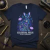 Celestial Felis Astral Companion text on a navy t-shirt with a mystical cat graphic, lotus flowers, stars, and crescent moons