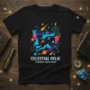 Black t-shirt featuring a vibrant cosmic cat design with text "Celestial Felis Cosmic Explorer"