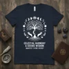 Celestial Harmony & Cosmic Wisdom t-shirt with a white tree of life design, moon phases, and mystical symbols