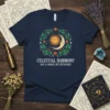 Celestial Harmony Day & Night, Intertwined t-shirt design with sun, moon, and floral wreath graphic