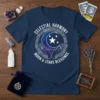 Celestial Harmony Moon & Stars Blessings text on a dark navy t-shirt with a moon, star, and hands graphic