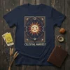 Celestial Harvest T-Shirt featuring a sun tarot card design with celestial elements and moon phases