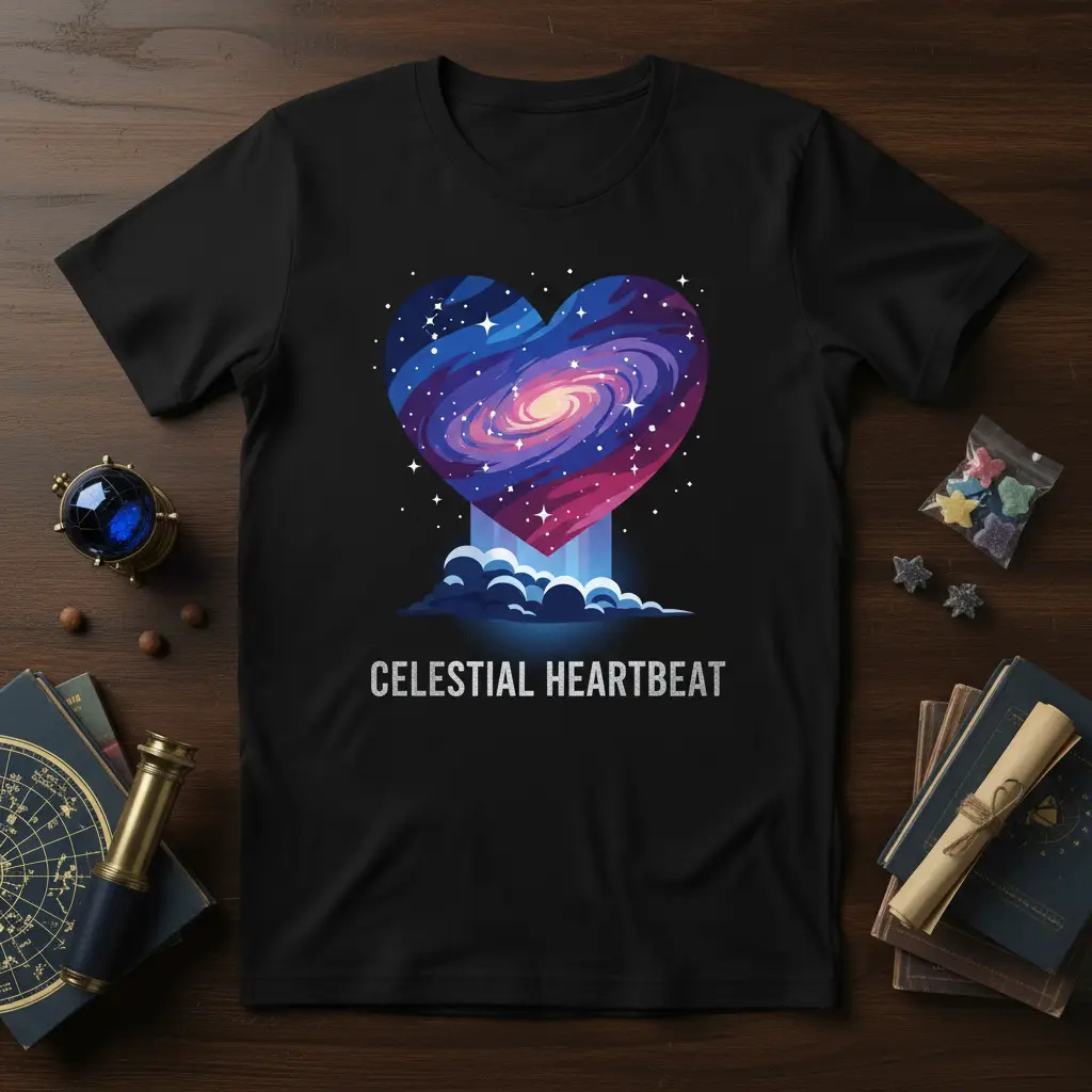 Celestial Heartbeat text overlay on a heart-shaped galaxy graphic design