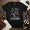 Black t-shirt with white text "Celestial Observer Stargazing Adventures" and a graphic of a cat on a telescope looking at