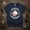 Celestial Reckoning T-Shirt with a skull graphic surrounded by moon phases in white and yellow on a navy blue tee