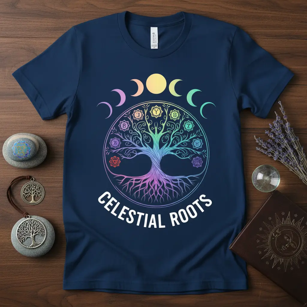 Celestial Roots t-shirt design with a vibrant rainbow tree of life, chakra symbols, and moon phases