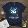 Celestial Serenity Dreamer's Journey t-shirt with a white swan on cosmic water, stars, and yellow accents
