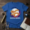Celestial Serpents T-Shirt design featuring three golden snakes coiled around a full moon against a starry cosmic background