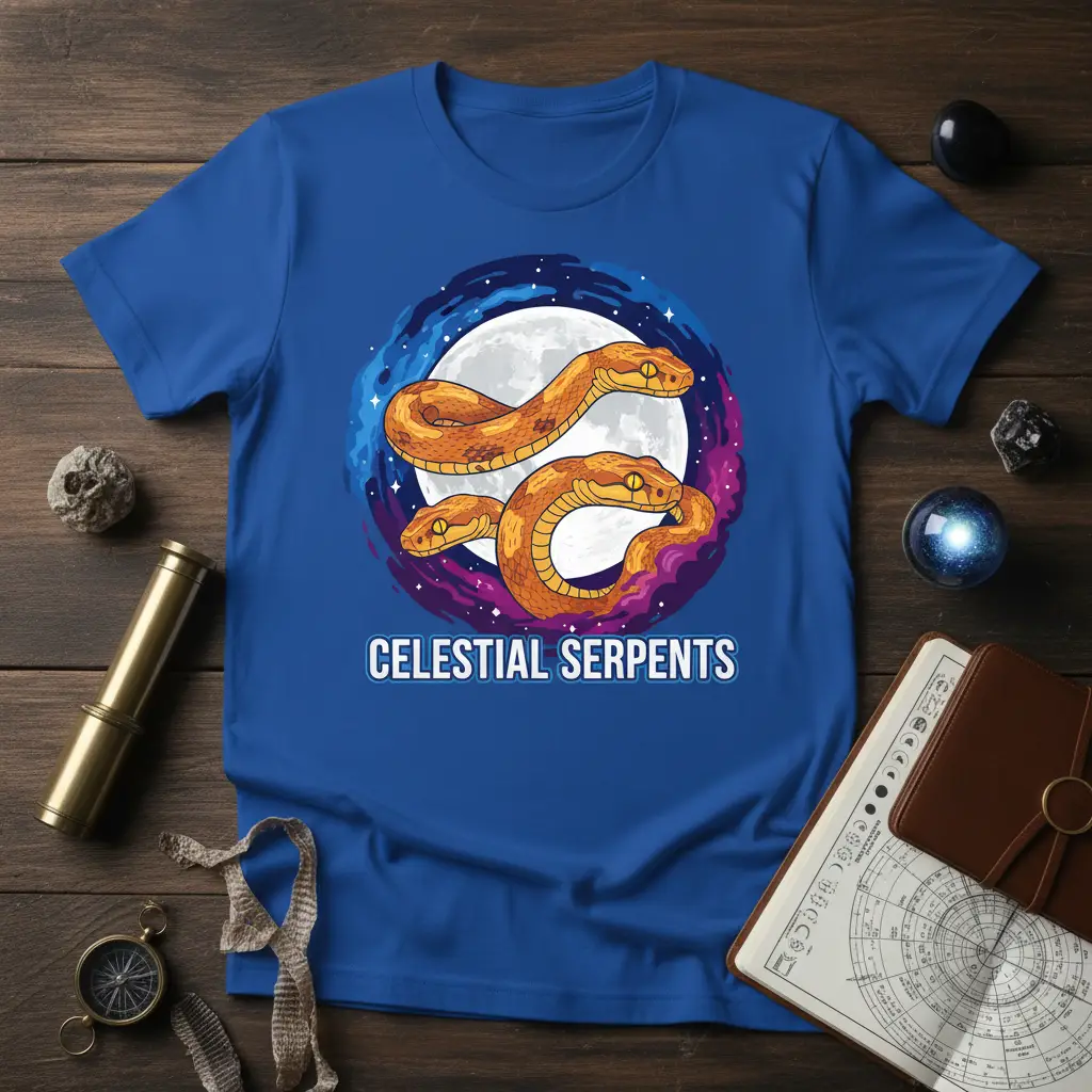 Celestial Serpents text overlaying a cosmic design with three golden snakes and a full moon graphic