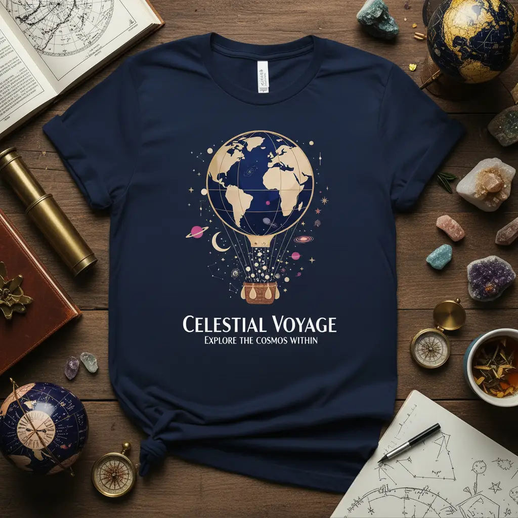 Celestial Voyage Explore The Cosmos Within t-shirt design featuring Earth hot air balloon and starry sky