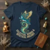 Celestial Wings & Mystical Dreams t-shirt with a teal winged cat soaring through a swirling gold and teal cosmic design