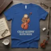 Cello Sleepin' Sloth Mode t-shirt design featuring a cute sloth playing a cello, text below