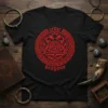 Black t-shirt with a red Celtic Dragons design featuring intertwined dragons and knotwork