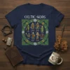 Celtic Gods T-Shirt featuring illustrations of Danu, Dagda, Xpous, Xfoina, Eriu, Taranis, and Mohd within a green Celtic knot border