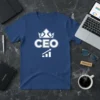 White CEO text with crown graphic and upward trending bar chart on a dark blue t-shirt