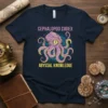 Navy t-shirt with "Cephalopod Codex Abyssal Knowledge" and a purple octopus graphic, featuring text and ocean theme