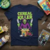 Cereal Killer t-shirt design featuring a green zombie character holding knives and a cereal box