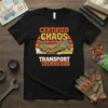 Certified Chaos Transport Technician t-shirt with cartoon school buses and text