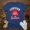 Certified Drama Queen t-shirt design with crown on velvet pillow and stage curtains