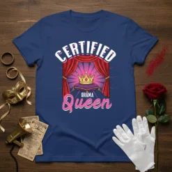 Certified Drama Queen t-shirt design with crown on velvet pillow and stage curtains