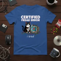 Certified Freak Error I Tried t-shirt design with a tuxedo cat wearing glasses and tangled computer wires around a broken