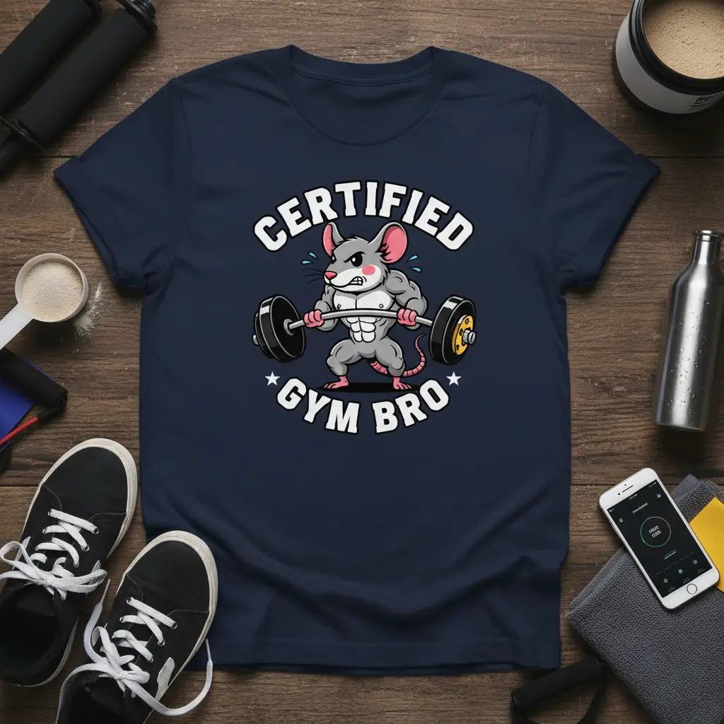 Certified Gym Bro t-shirt graphic with a muscular mouse character holding a barbell, conveying fitness and workout motivation