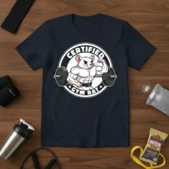 Certified Gym Rat T-Shirt featuring a muscular cartoon rat lifting a barbell, white text on black circle, gym humor design
