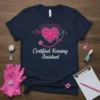 Certified Nursing Assistant text with pink heart, stethoscope, and heartbeat graphic on a navy blue t-shirt