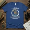 Certified Raccoon Specialist text with a cartoon raccoon holding a magnifying glass and scroll, on a blue t-shirt