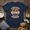 Certified Tummy Ache Survivor t-shirt with cartoon stomach characters and text in a circular design