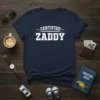 Navy blue t-shirt with white text reading "CERTIFIED ZADDY" in a bold, collegiate font