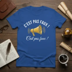 Blue t-shirt with white text "C'EST PAS FAUX !" above a yellow megaphone graphic and below with white cursive text