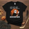 Black t-shirt with "CH CH CH MEOW MEOW MEOW" text, featuring a black cat wearing a Jason Voorhees mask and