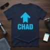 Navy blue t-shirt with bright blue "CHAD" text and an upward arrow graphic, representing gym motivation