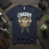 Navy t-shirt with "CHADDY" text above a muscular man flexing in a vintage comic style, fitness and gym theme