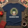 Navy t-shirt featuring the "Chairman Meow" text below a circular graphic of a cat wearing a green cap with a