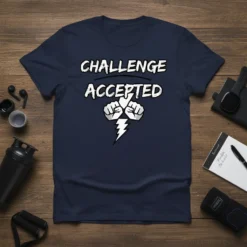 Challenge Accepted text with fists and lightning bolt graphic on a navy blue t-shirt