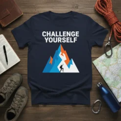 Navy t-shirt with white text "CHALLENGE YOURSELF" above a graphic of a mountain climber scaling a colorful mountain