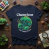Chameleon Color Change Masters t-shirt design featuring three green chameleons on a branch with colorful leaves and patterns