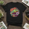Chamellon Garden t-shirt design featuring a colorful segmented chameleon surrounded by tropical hibiscus flowers and leaves