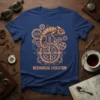 Steampunk chameleon design with gears, compass, and text "Chamelon Mechanical Evolution" on a navy blue t-shirt