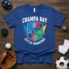 Champa Bay City of Champions t-shirt design featuring sports icons, baseball bats, and a shield