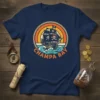 Retro Champa Bay Pirate Ship t-shirt design with a vintage sailing ship on waves and a colorful sunset background
