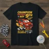 Champion Birthday Boy 9th Birthday Rally T-Shirt design featuring a red race car, checkered flags, and celebratory text