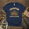 Champion Stick Collector t-shirt design featuring a pile of sticks and a trophy, with text "CHAMPION STICK COLLECTOR"