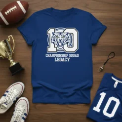 Blue t-shirt with white text "CHAMPIONSHIP SQUAD LEGACY" and a tiger graphic, designed for football teams