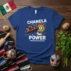 Chancla Power #Mexicanmomrules t-shirt design with a flying sandal towards a target and the text "Chancla Power" and "#Mexicanmomrules"
