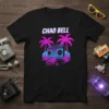 Chao Bell t-shirt design with retro boombox, neon palm trees, and classic car in 80s synthwave style